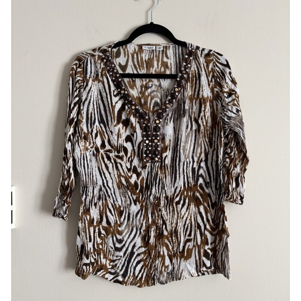 Vintage Y2k 90s Cato Beaded Top Womens‎ Medium Animal Print Summer Neutral Tan
